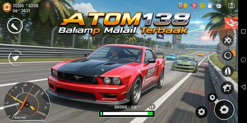 Tampilan gameplay ATOM138 dengan mobil balap di trek menantang.