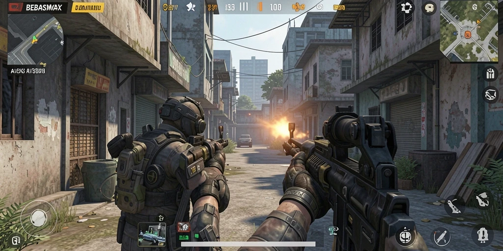Screenshot gameplay menampilkan aksi tembak-menembak yang intens.
