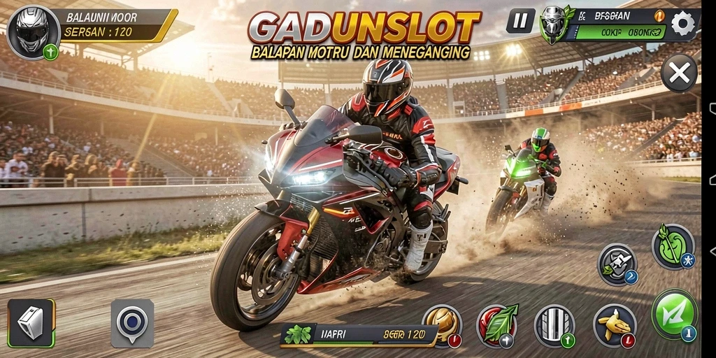 Gameplay GADUNSLOT yang seru dan menegangkan dalam balapan motor.
