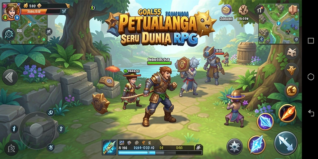 Screenshot gameplay GOAL55 menampilkan pertarungan epik karakter RPG.