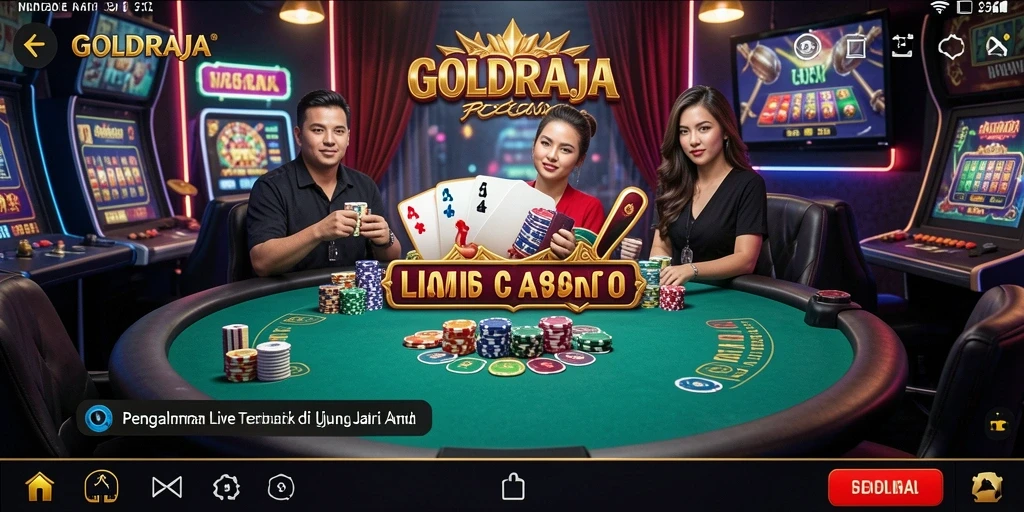 Screenshot gameplay live casino GOLDRAJA menampilkan dealer profesional dan suasana kasino yang menyenangkan.