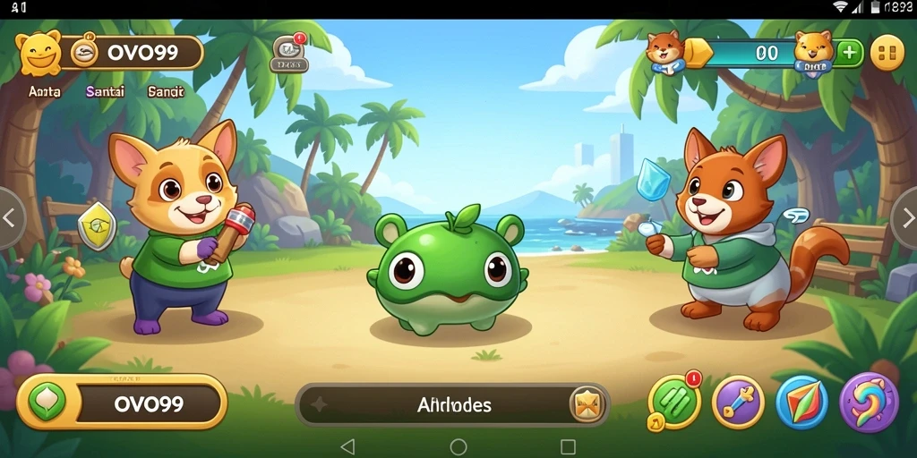 Screenshot OVO99 menunjukkan gameplay santai yang penuh warna.