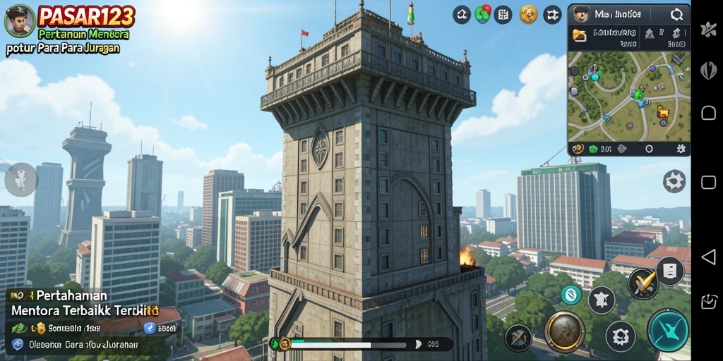 Tampilan menara dan musuh beraksi dalam PASAR123 yang mendebarkan.